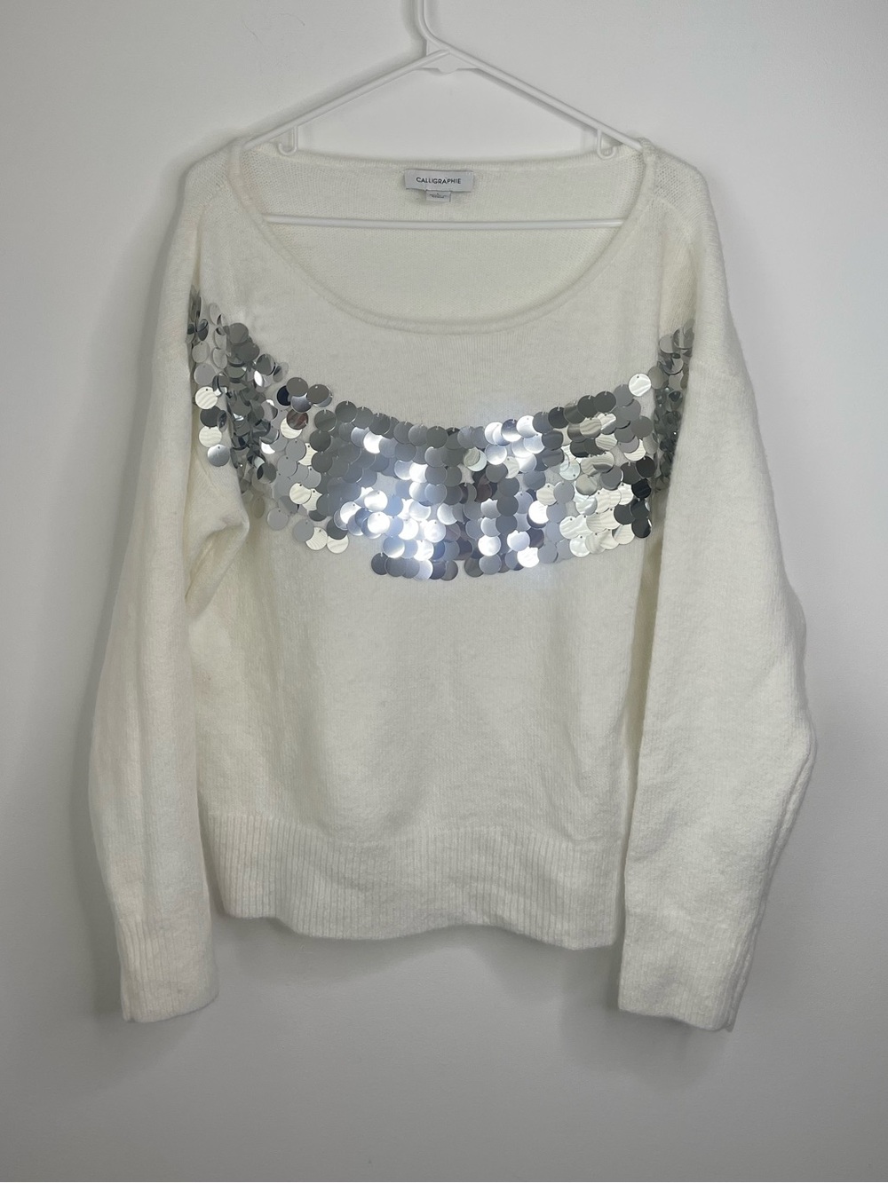 Calligraphie brand sequin-embellished pullover sweater in white size large